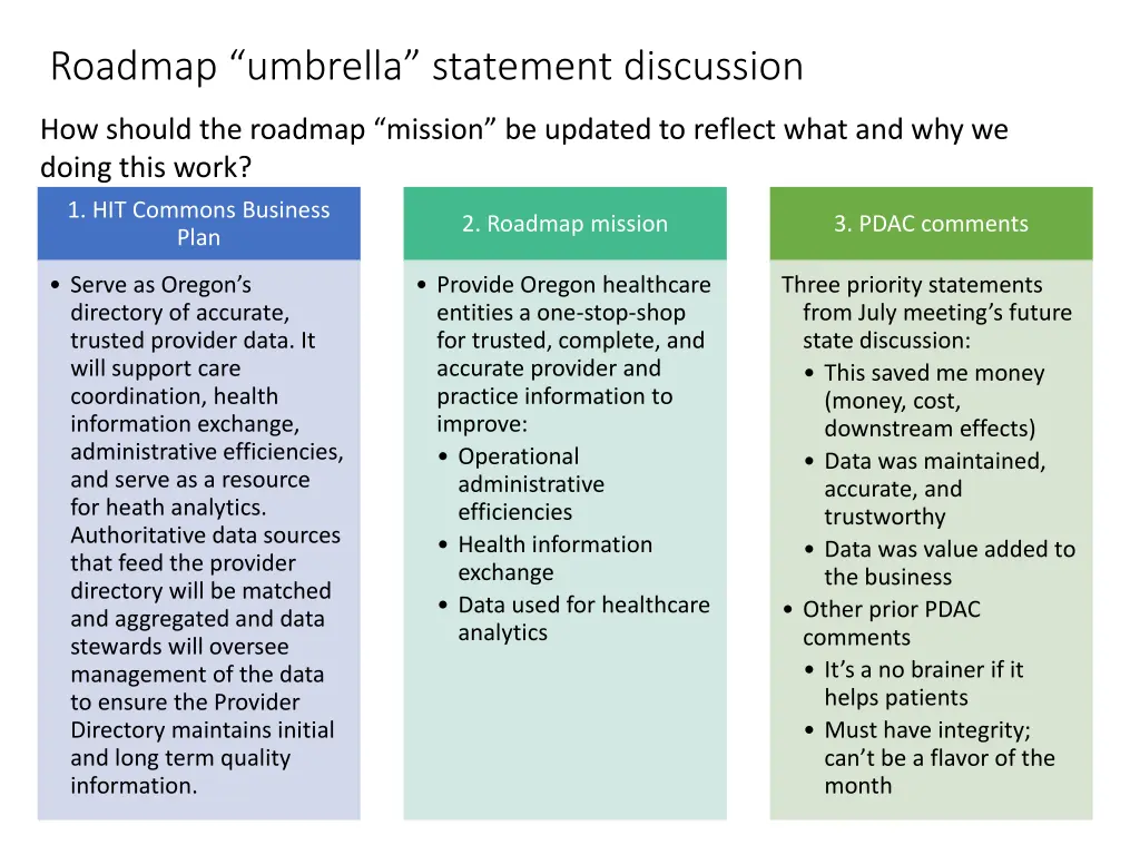roadmap umbrella statement discussion