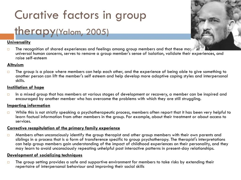 curative factors in group therapy yalom 2005