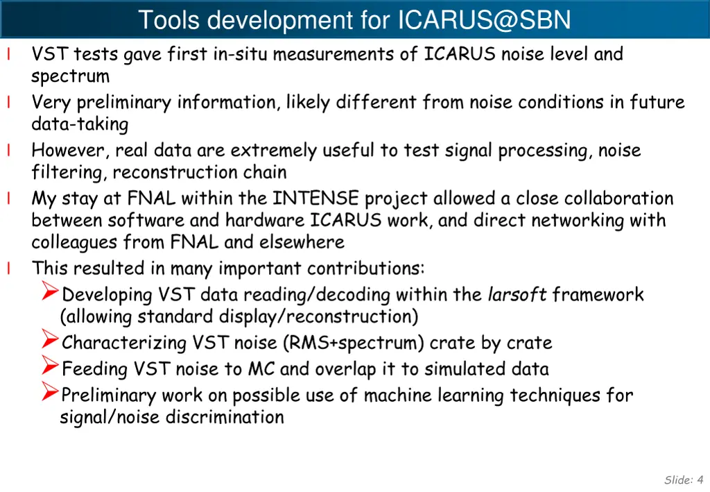 tools development for icarus@sbn vst tests gave