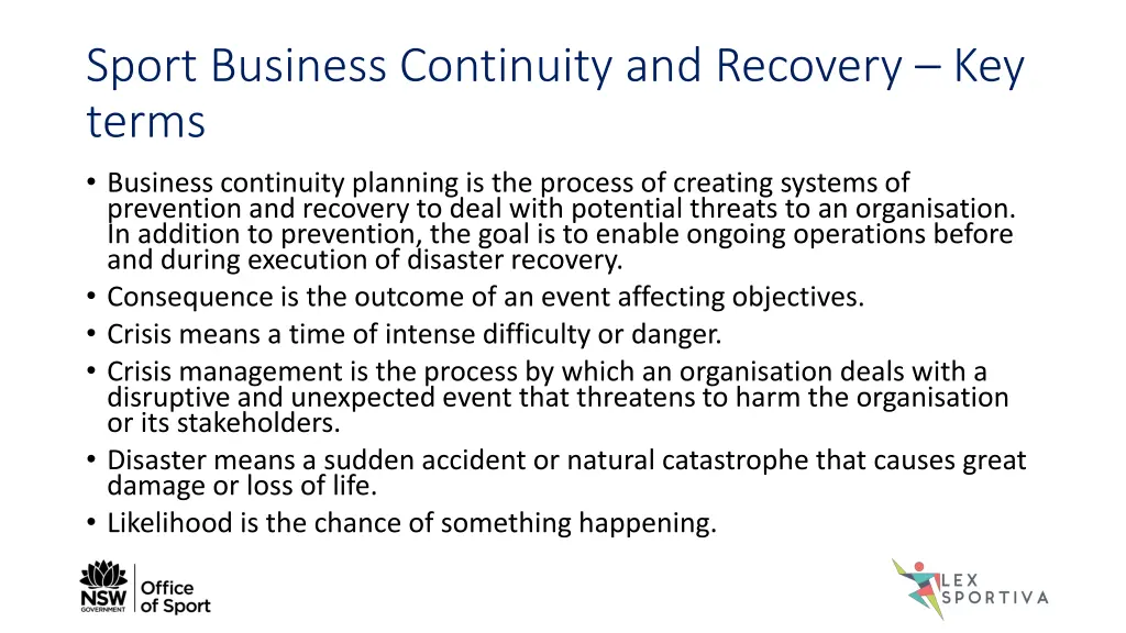 sport business continuity and recovery key terms