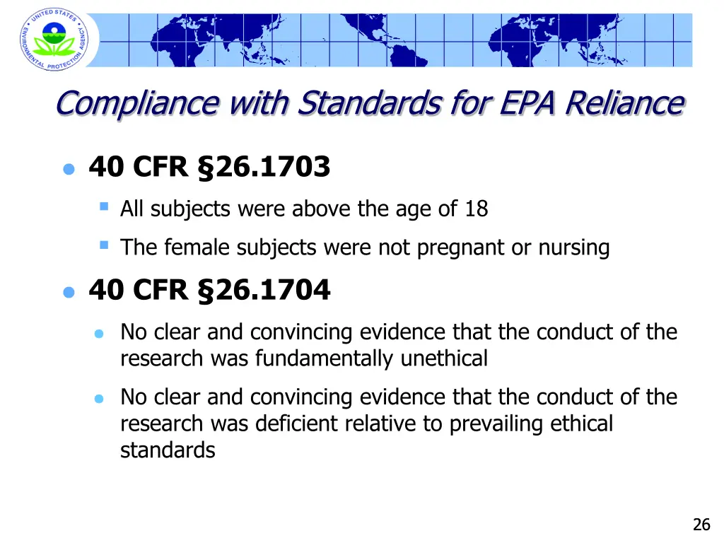compliance with standards for epa reliance
