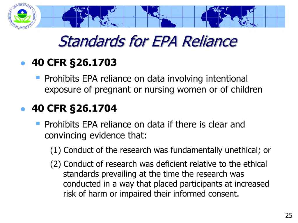 standards for epa reliance