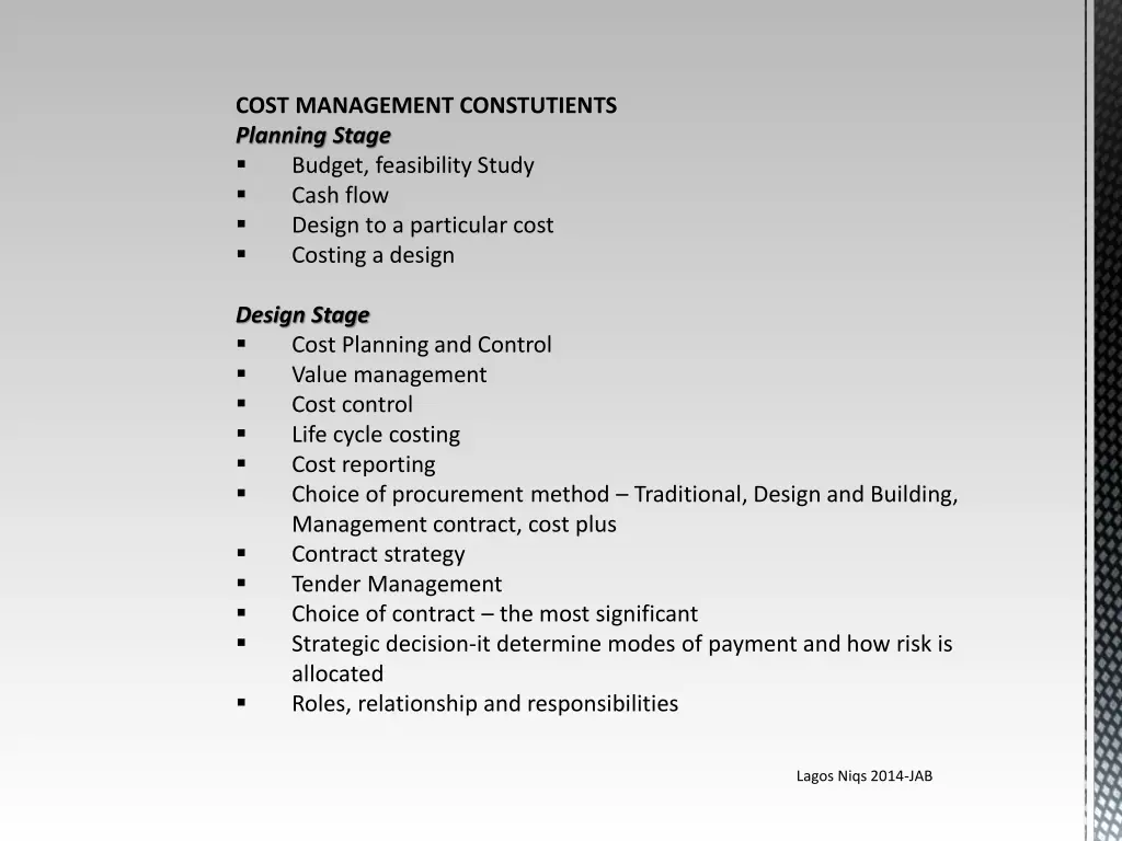cost management constutients planning stage