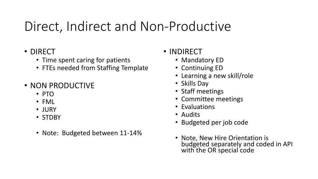 direct indirect and non productive
