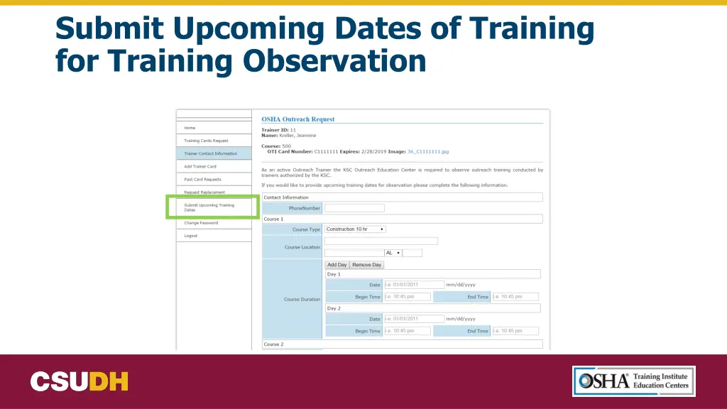 submit upcoming dates of training for training