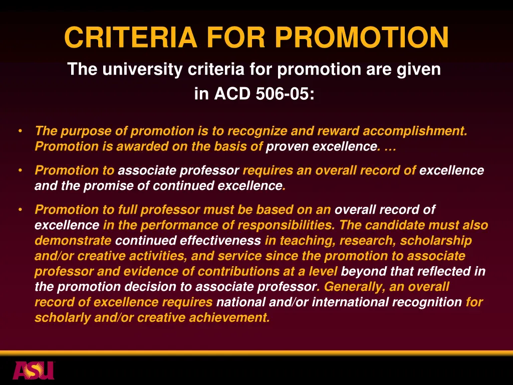 criteria for promotion the university criteria