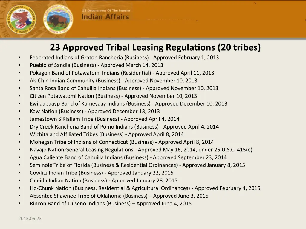 23 approved tribal leasing regulations 20 tribes