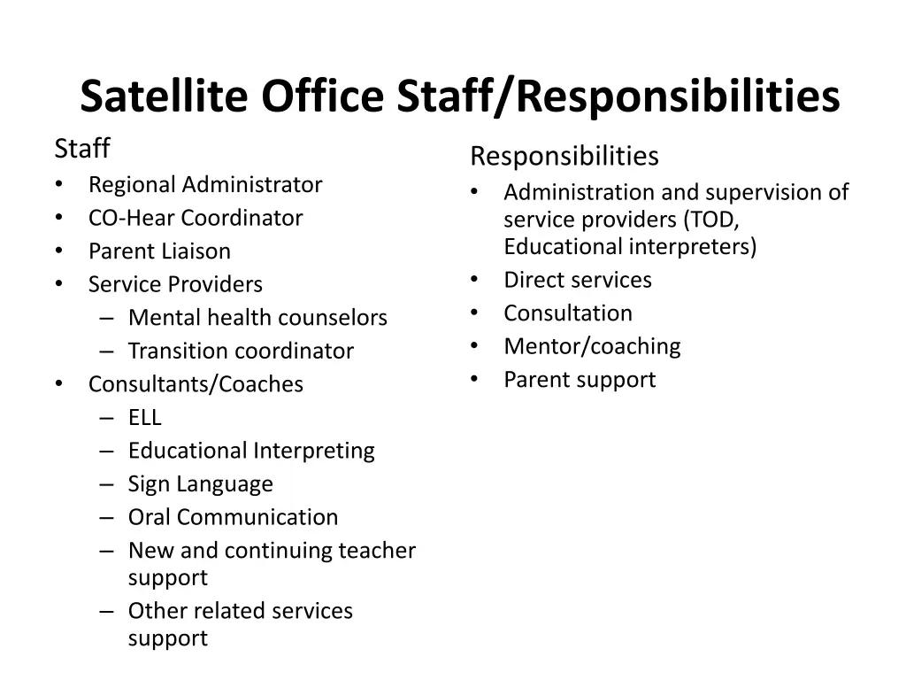 satellite office staff responsibilities staff