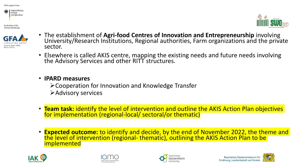 the establishment of agri food centres