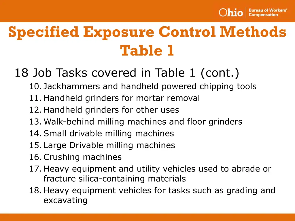specified exposure control methods table 1 2