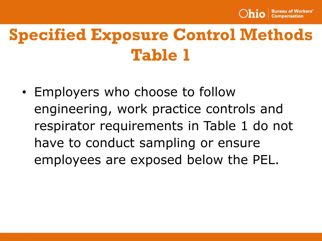 specified exposure control methods table 1