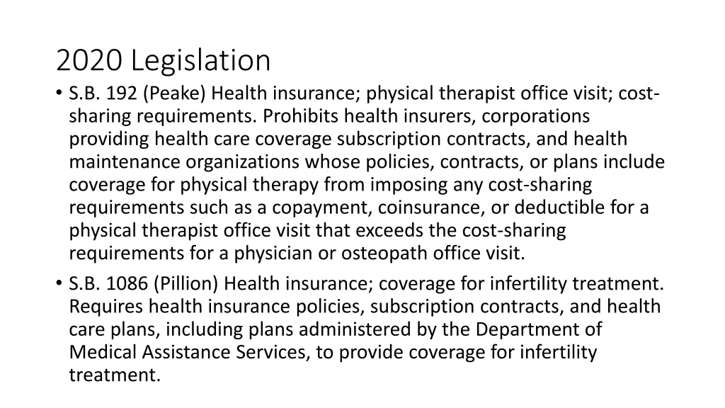 2020 legislation s b 192 peake health insurance