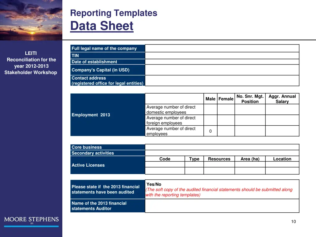 reporting templates data sheet