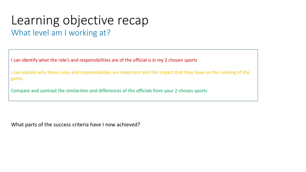 learning objective recap what level am i working