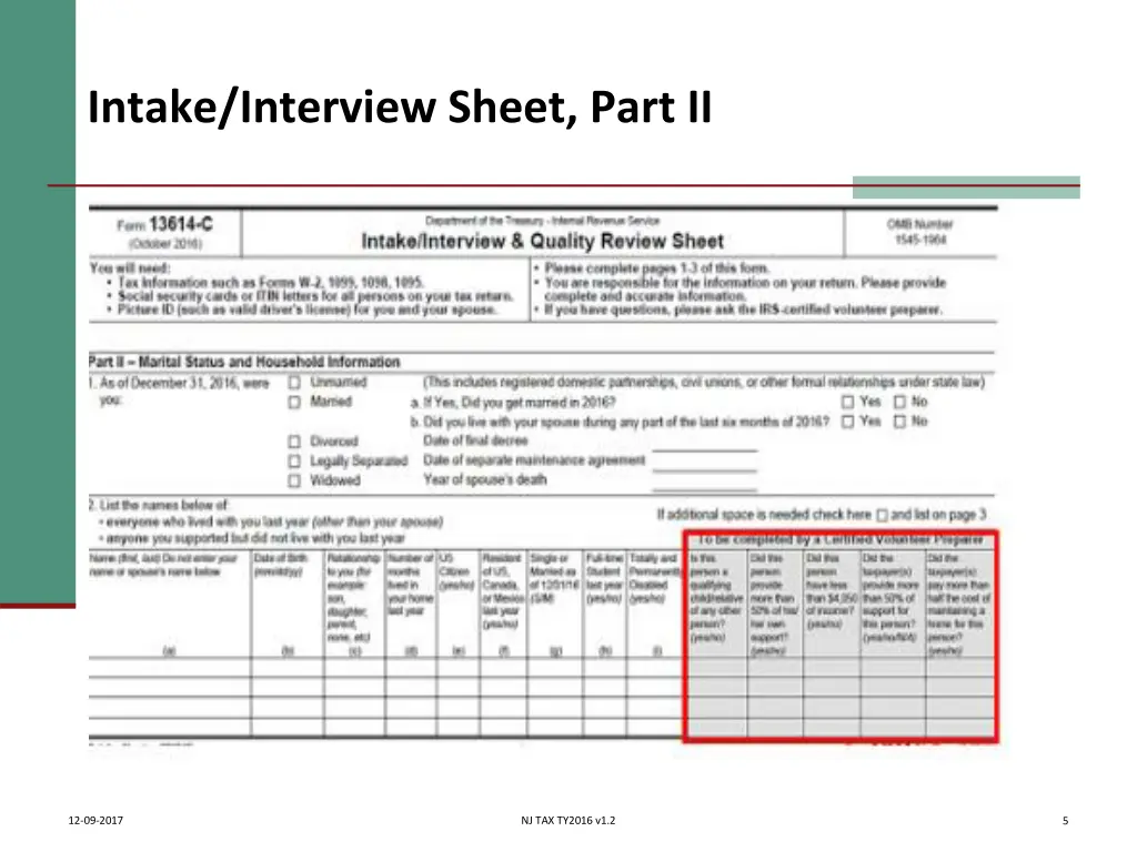 intake interview sheet part ii