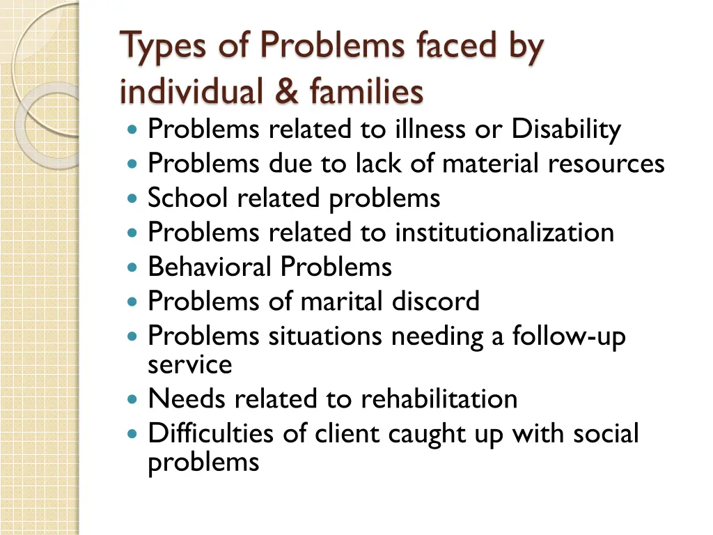 types of problems faced by individual families