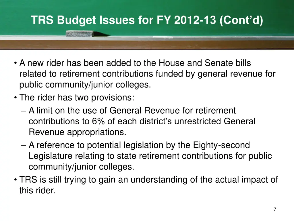 trs budget issues for fy 2012 13 cont d