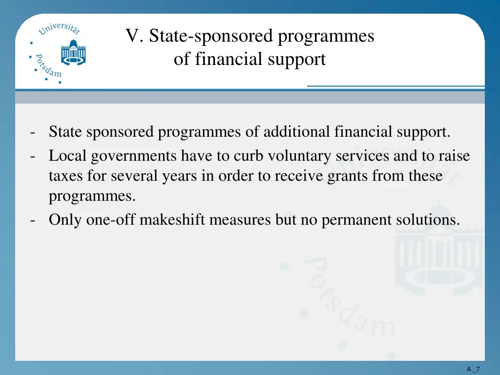 v state sponsored programmes of financial support