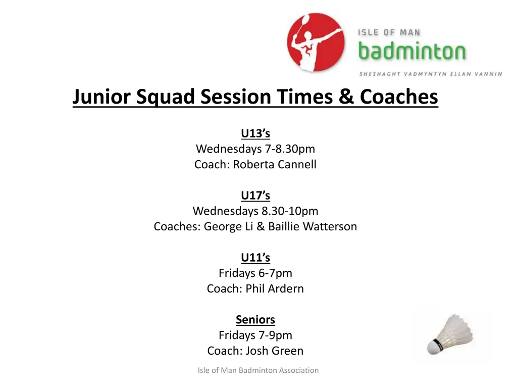 junior squad session times coaches