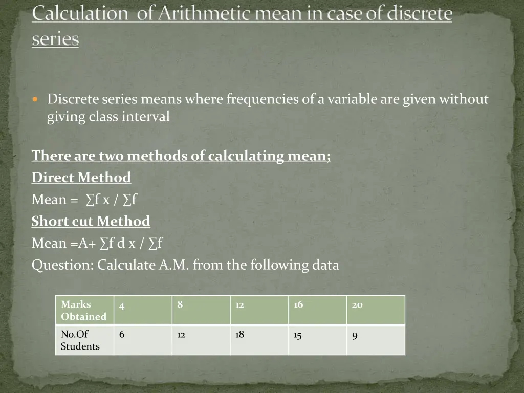 calculation of arithmetic mean in case