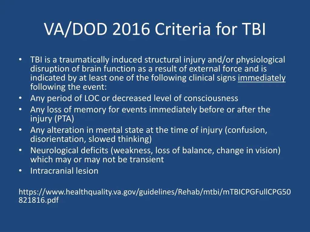 va dod 2016 criteria for tbi
