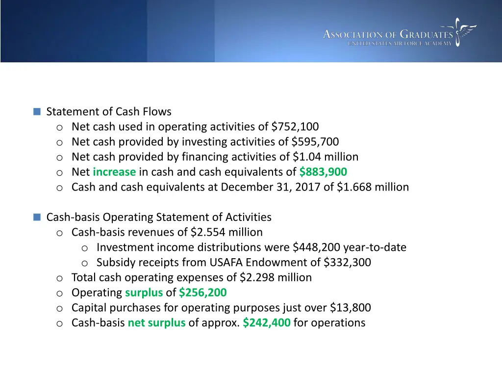 statement of cash flows o net cash used
