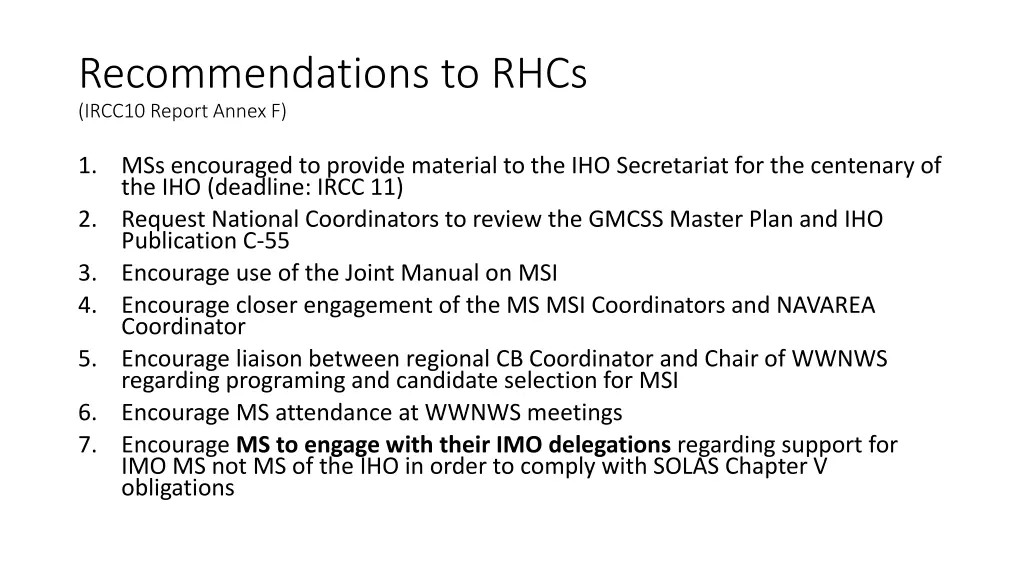 recommendations to rhcs ircc10 report annex f
