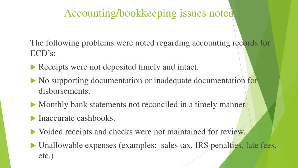 accounting bookkeeping issues noted