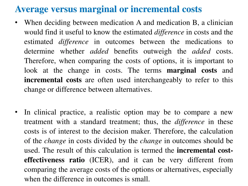 average versus marginal or incremental costs when