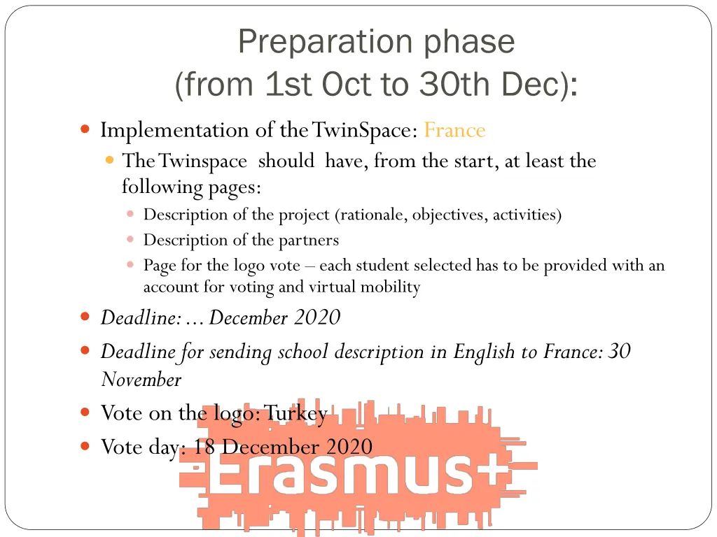 preparation phase from 1st oct to 30th dec
