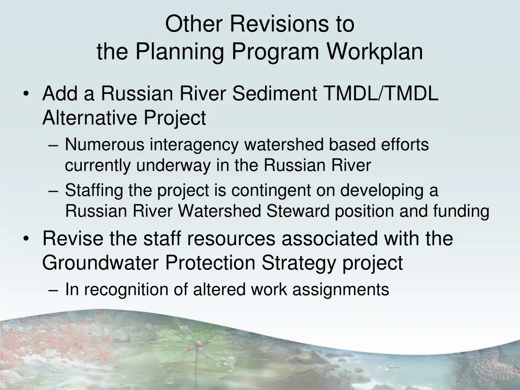 other revisions to the planning program workplan