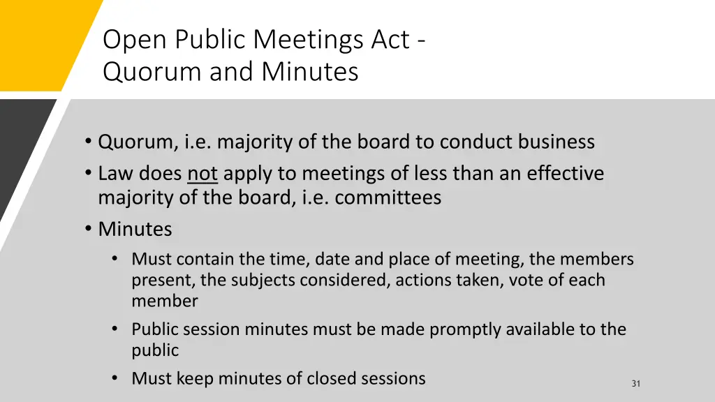 open public meetings act quorum and minutes