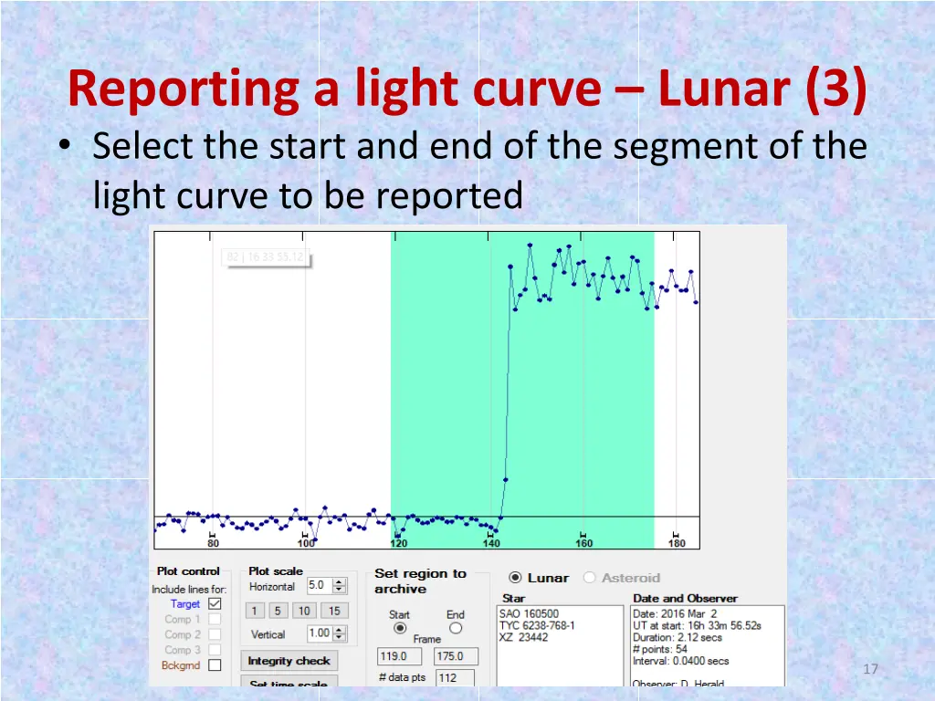 reporting a light curve lunar 3 select the start
