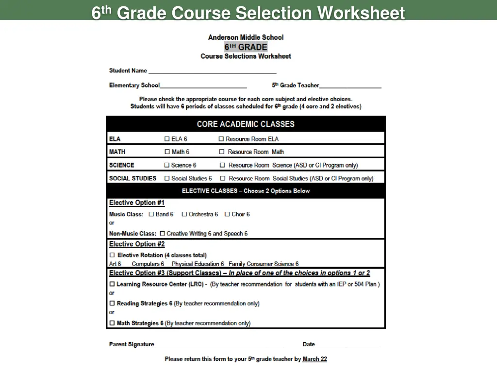 6 th grade course selection worksheet