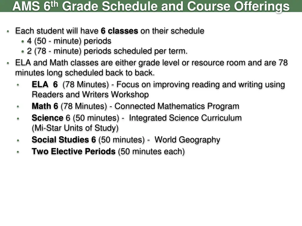 ams 6 th grade schedule and course offerings