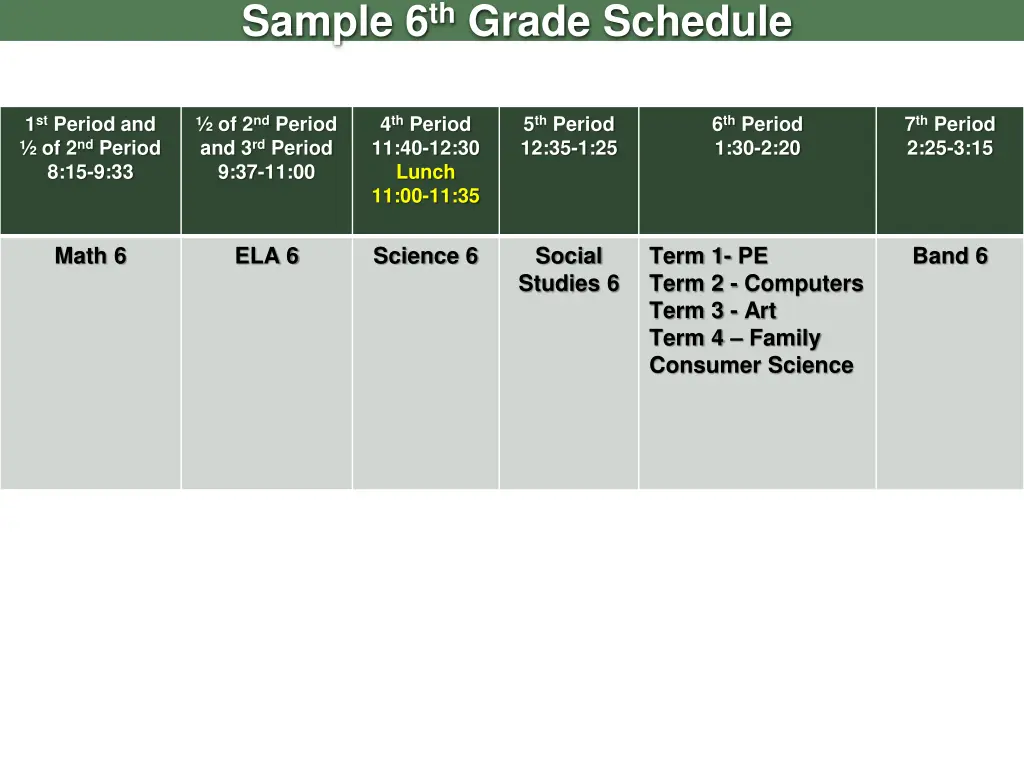 sample 6 th grade schedule