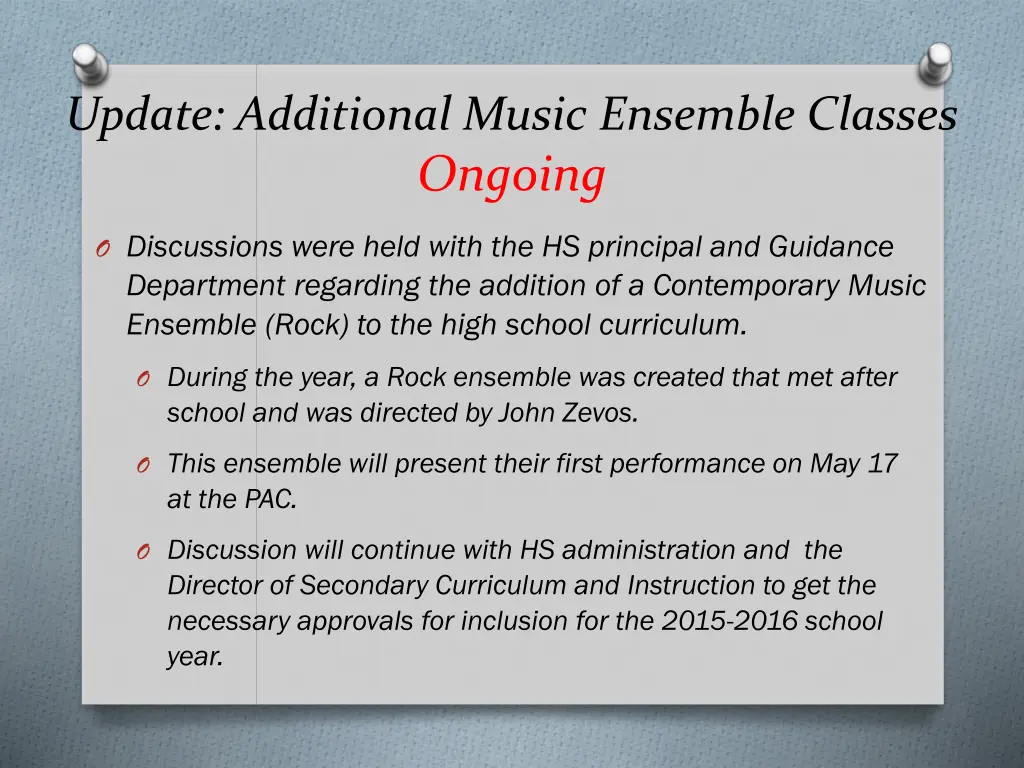 update additional music ensemble classes ongoing