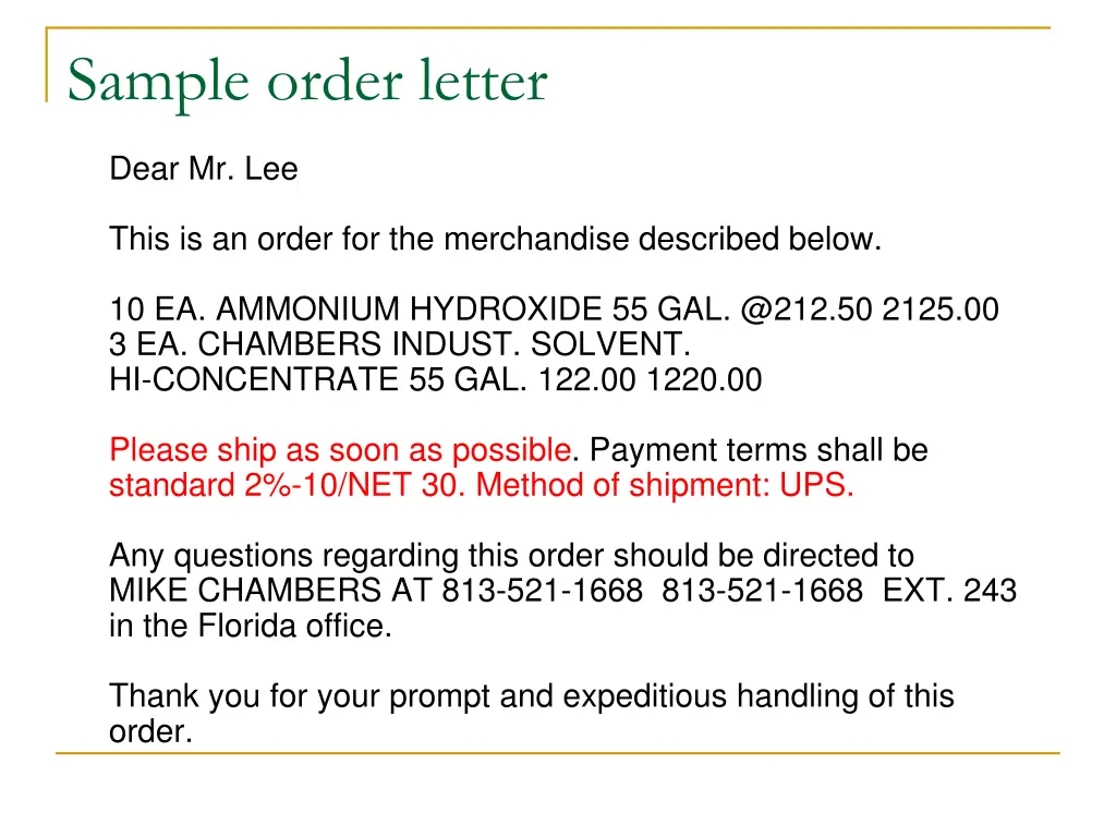 sample order letter