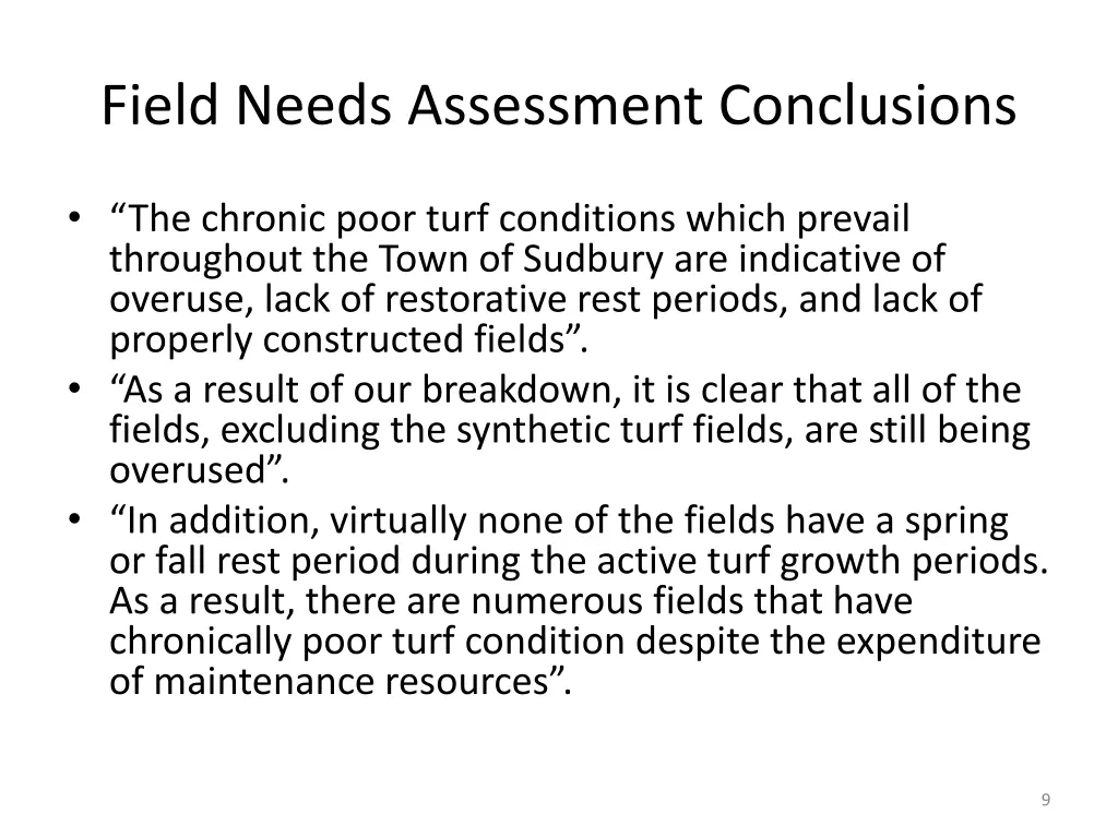 field needs assessment conclusions