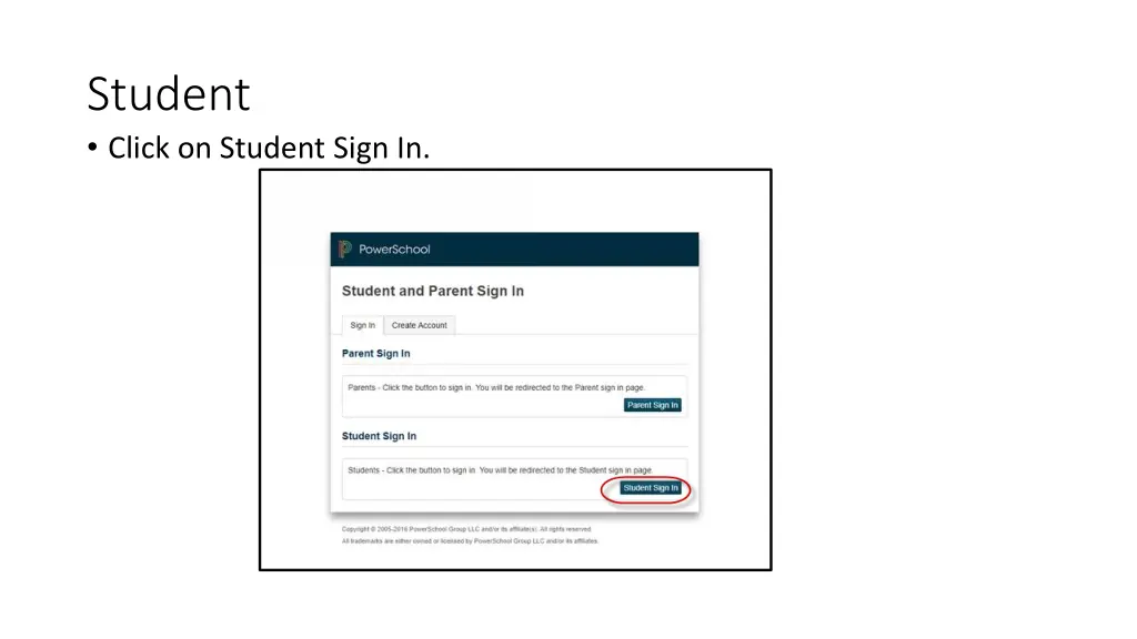 student click on student sign in