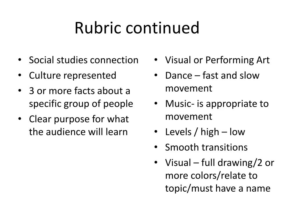 rubric continued