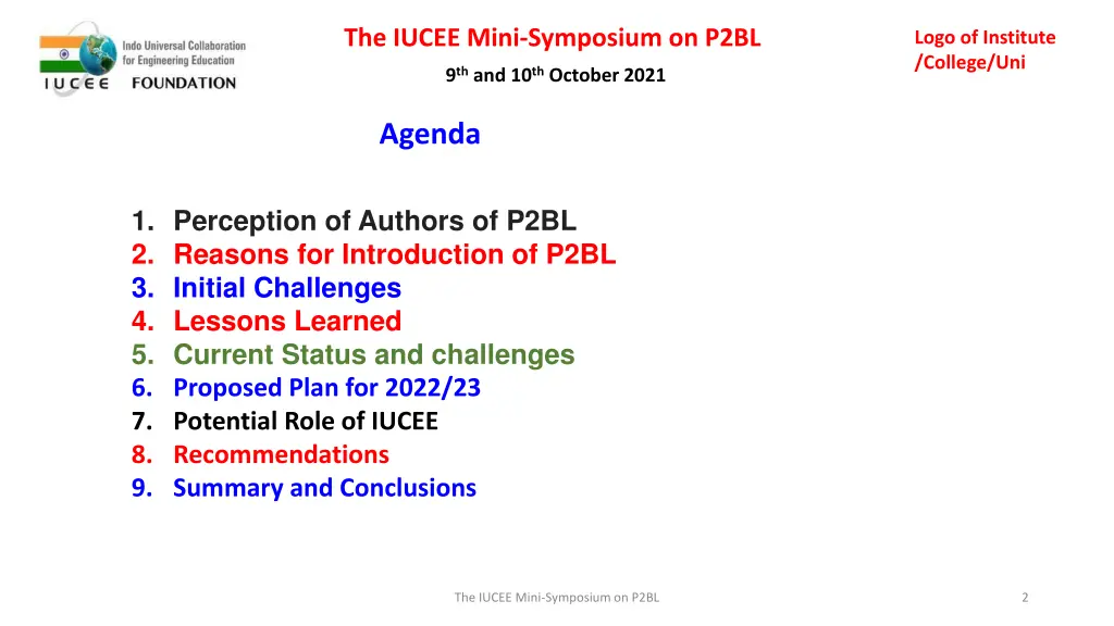 the iucee mini symposium on p2bl 1