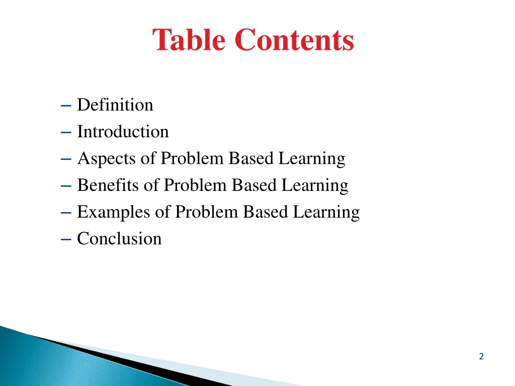 table contents
