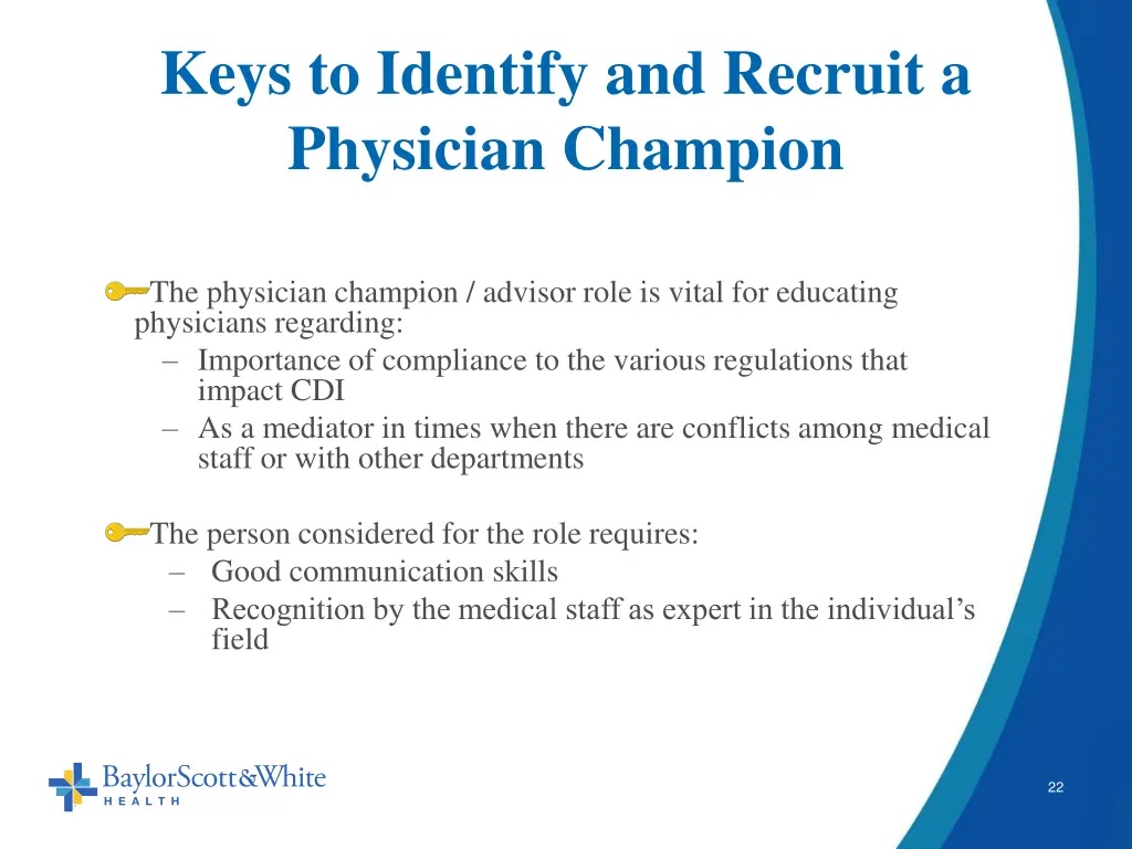 keys to identify and recruit a physician champion