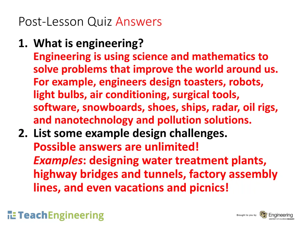 post lesson quiz answers