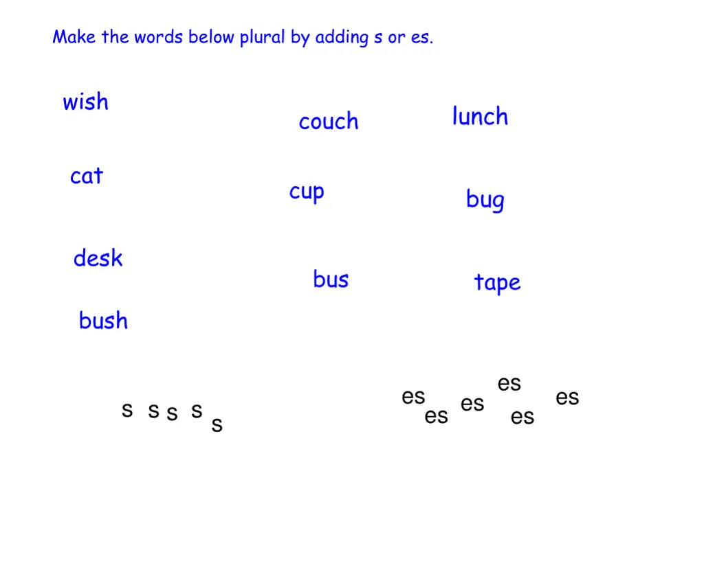 make the words below plural by adding s or es