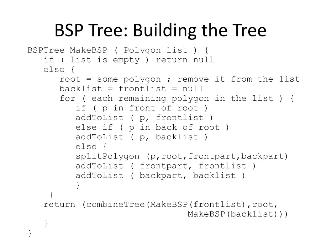 bsp tree building the tree bsptree makebsp