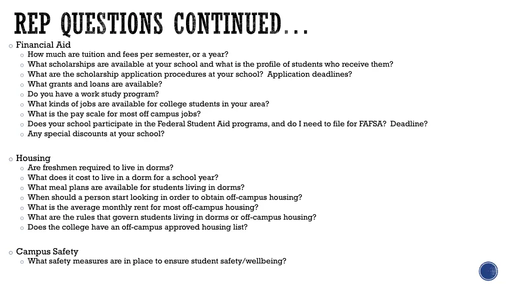 rep questions continued o financial