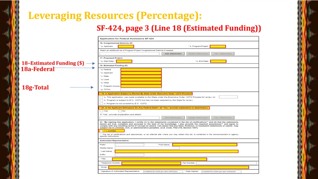 leveraging resources percentage sf 424 page