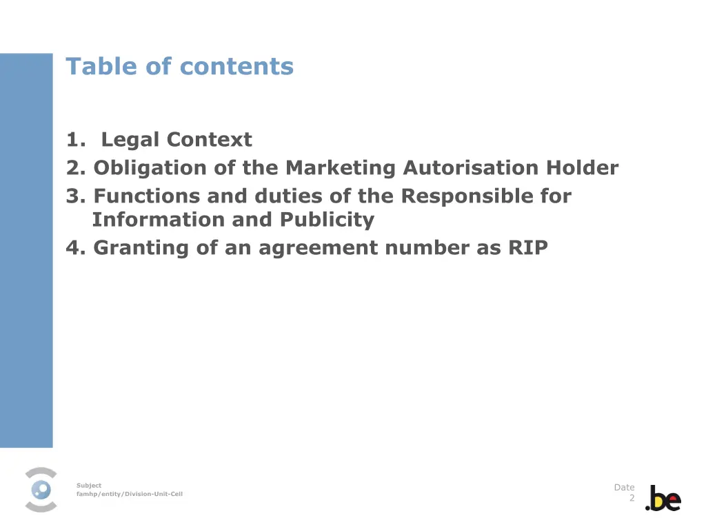 table of contents